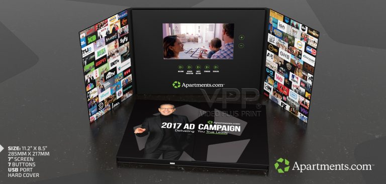 Apartments.com branded Video Brochure with embedded LCD screen for apartment marketing and leasing presentations