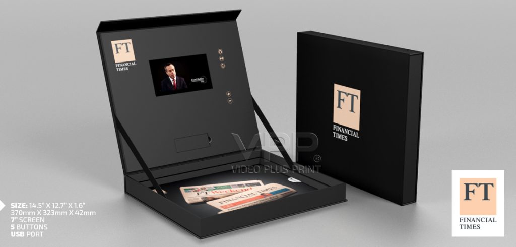 Hard cover video box with embedded screen