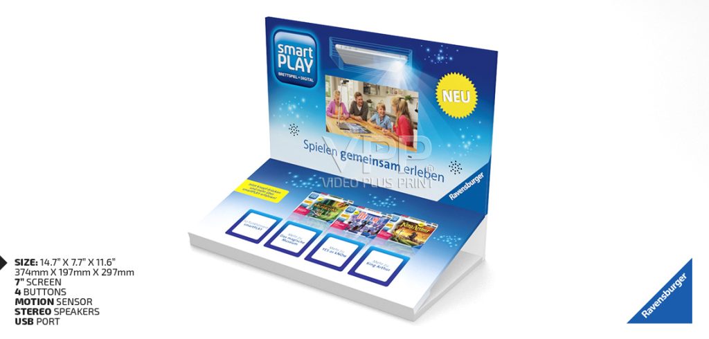 Countertop Video POS display with tactile buttons for video navigation