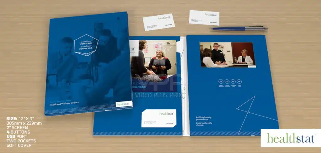 Slim video folder with corporate branding and marketing video