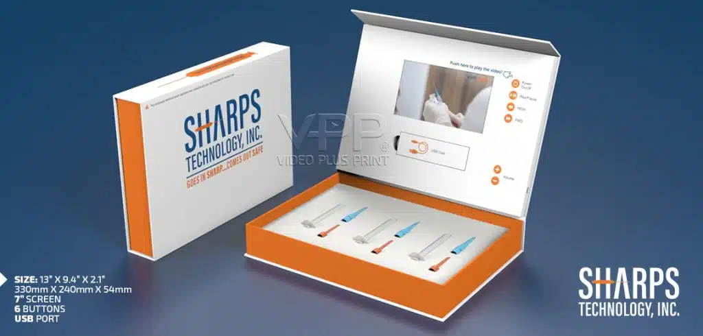 Video box packaging with full-color branding and LCD screen