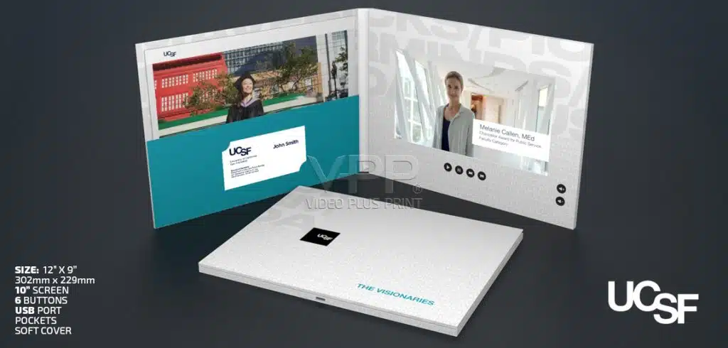 Custom video folder with embedded LCD screen and printed inserts