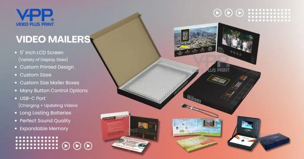 Custom printed video mailer with embedded screen for direct marketing