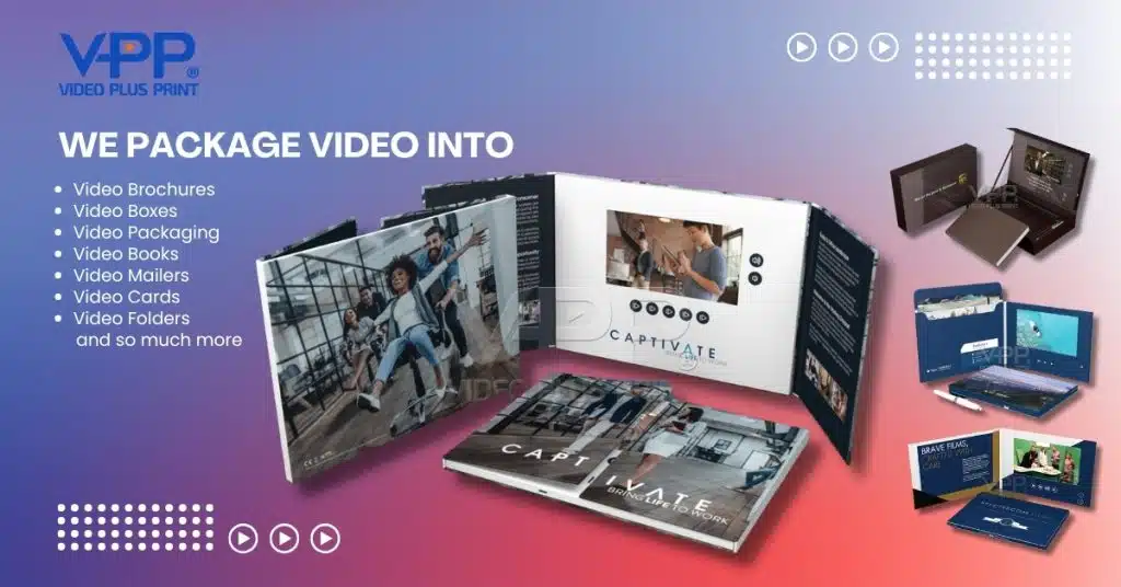 Graphic displaying “We Package Video Into” with various Video Plus Print product types.