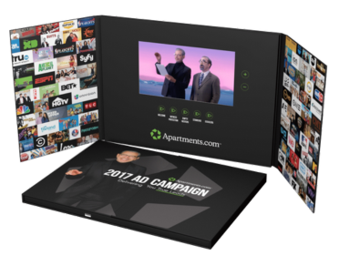 Apartments.com Hard Cover 7-Inch LCD Video Brochure showcasing premium real estate marketing